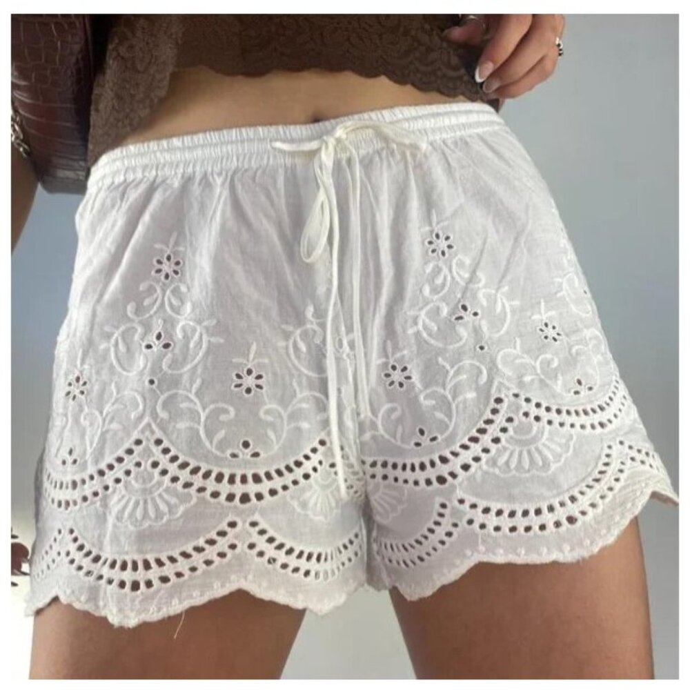 White Eyelet Drawstring Women's Shorts